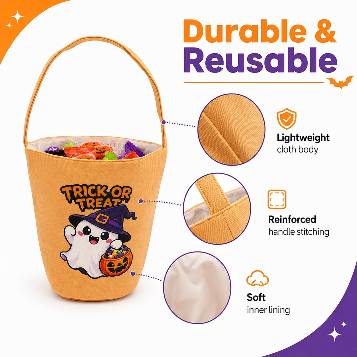 MetMetalrt Trick or Treat Bucket – Orange Cute Ghost Candy Buckets & Tote Bags for Halloween Party Decoration