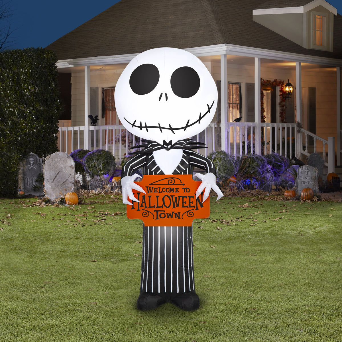 Airblown Halloween Yard Inflatables Light Jack Skellington with Welcome to Halloween Town Sign Disney, 5 ft