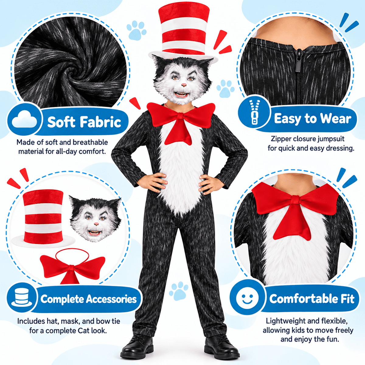 4-Piece Cat Halloween Cosplay Costume for Kids, Scary Cat Jumpsuit Set with Mask, Striped Hat & Bow Tie for Boys & Girls