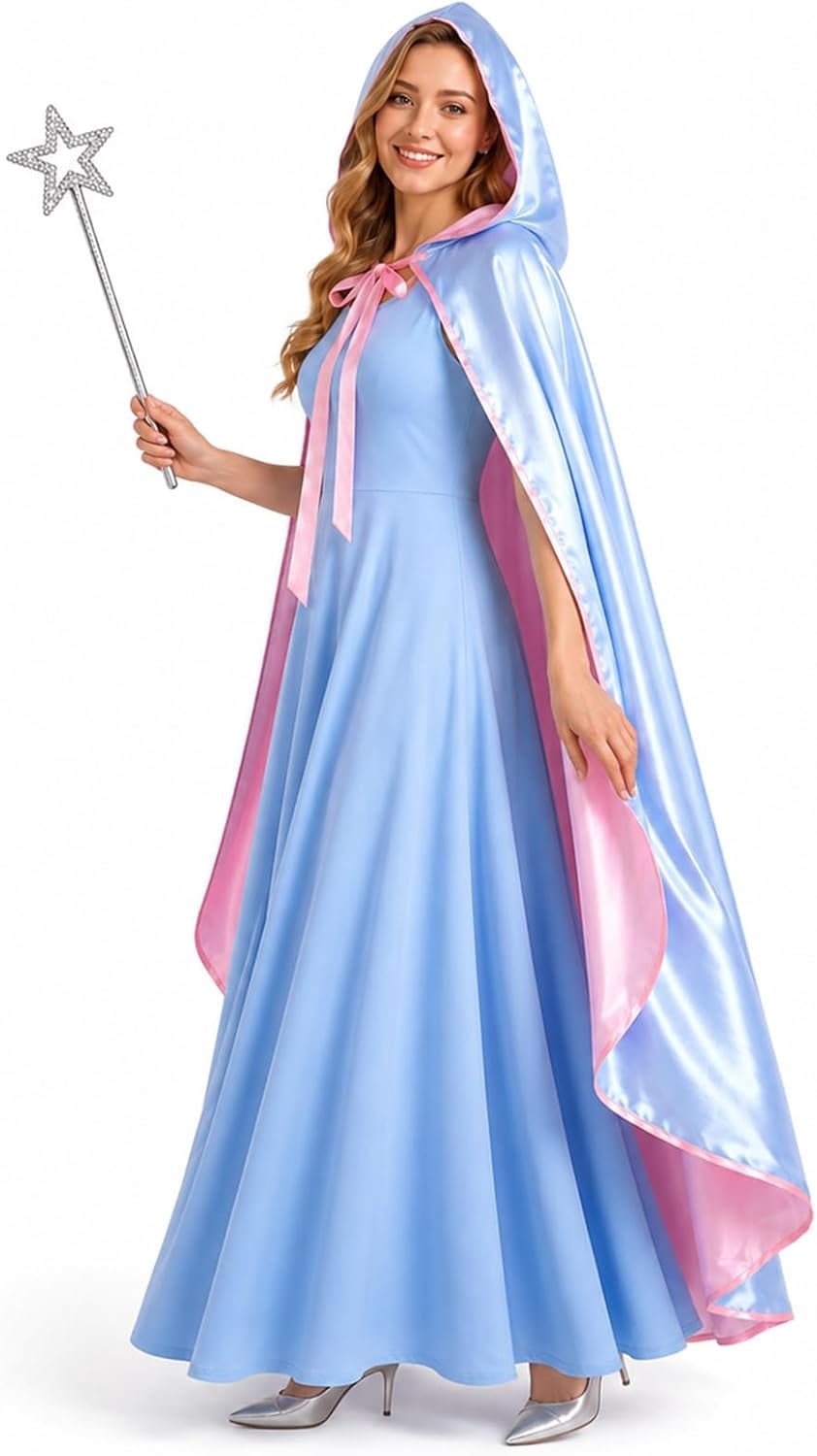 3PCS Fairy Godmother Halloween Costumes for Women, Blue Dress with Cape and Star Wand, Cosplay Outfit for Fairy Parties