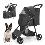 Wedyvko 4 Wheel Foldable Pet Stroller With Storage Basket For Small Medium Dogs & Cats - Black