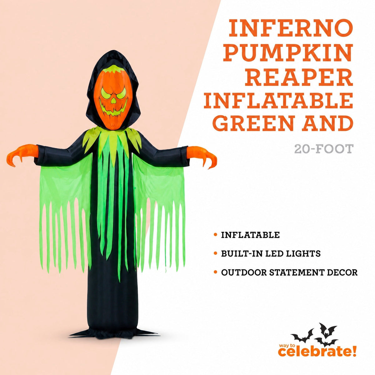 Inferno Pumpkin Reaper Airblown Yard Inflatable, Orange/Green/Black, 20', Halloween by Way To Celebrate