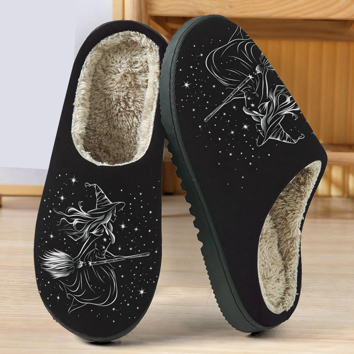 PMVFHDE Halloween Fuzzy Winter Ons Witch Print Flat Indoor Footwear For Home Sole Warm Comfortable Women’s Shoes Black -