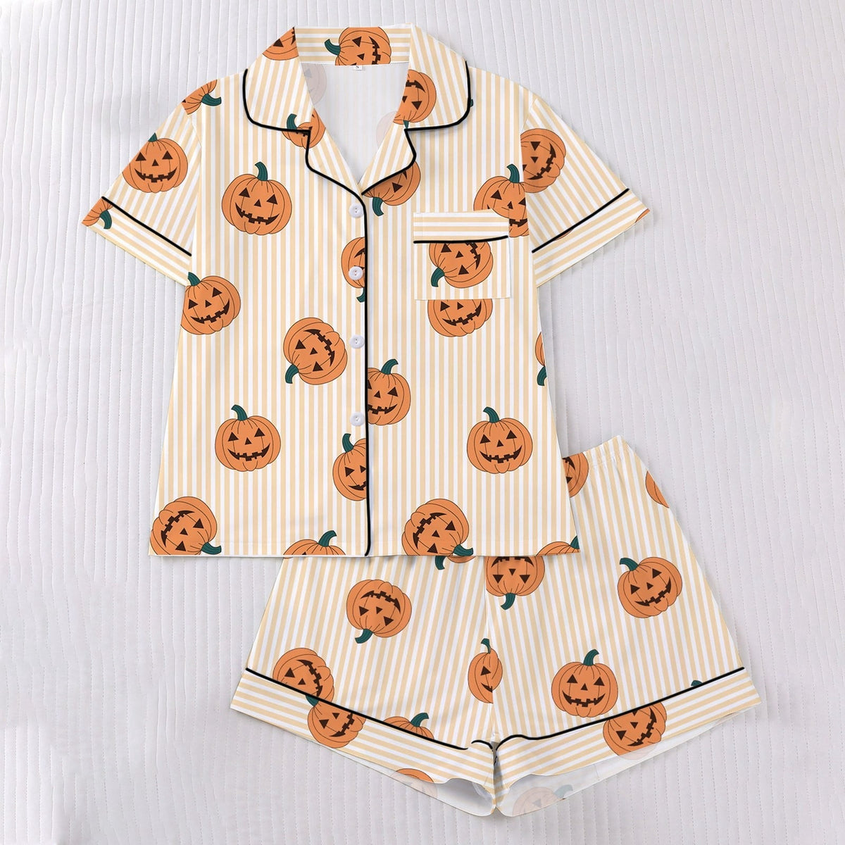 CUZIBR Girls Halloween Pajamas Sets Soft Comfortable Ghost Pumpkin Lapel Button Short Sleeve Shirt Elastic Waist Shorts