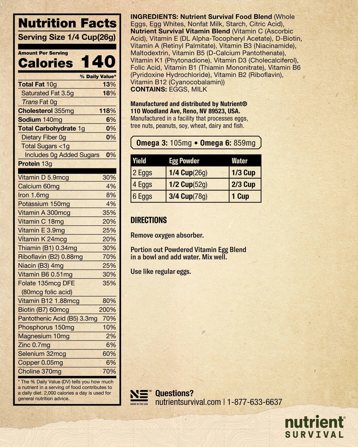 Nutrient Survival Vitamin Powdered Egg Blend, 70 Egg Equivalent, 33 Nutrients, Gluten Free, Up To 25 Year Shelf Life