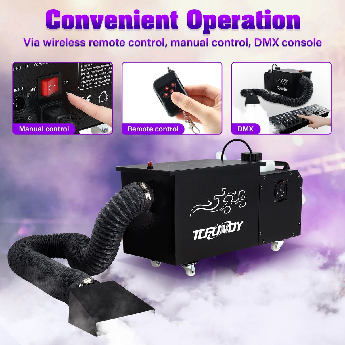 TCFUNDY 1500W Low Lying Fog Machine, Dry-Ice Effect Fogger w/ Tube, Ground Smoke Machine w/ DMX & Wireless Remote Contro