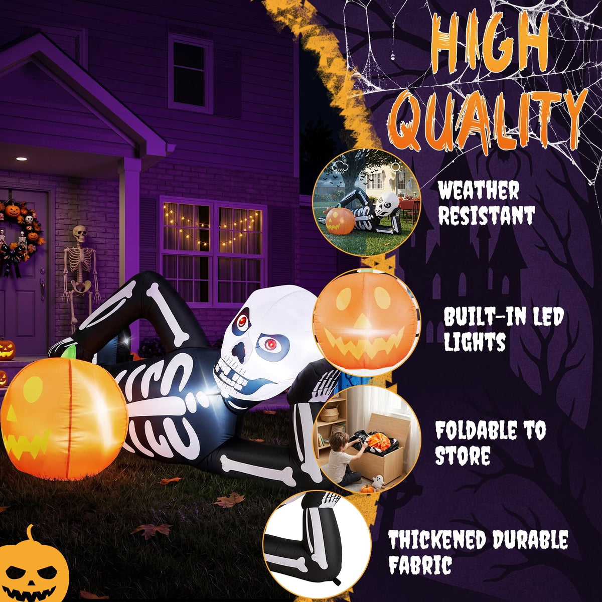 Ktaxon 7' Halloween Inflatables Skeleton Outdoor Halloween Decoration Reclining Skeleton with Pumpkin,Built-In LED Light