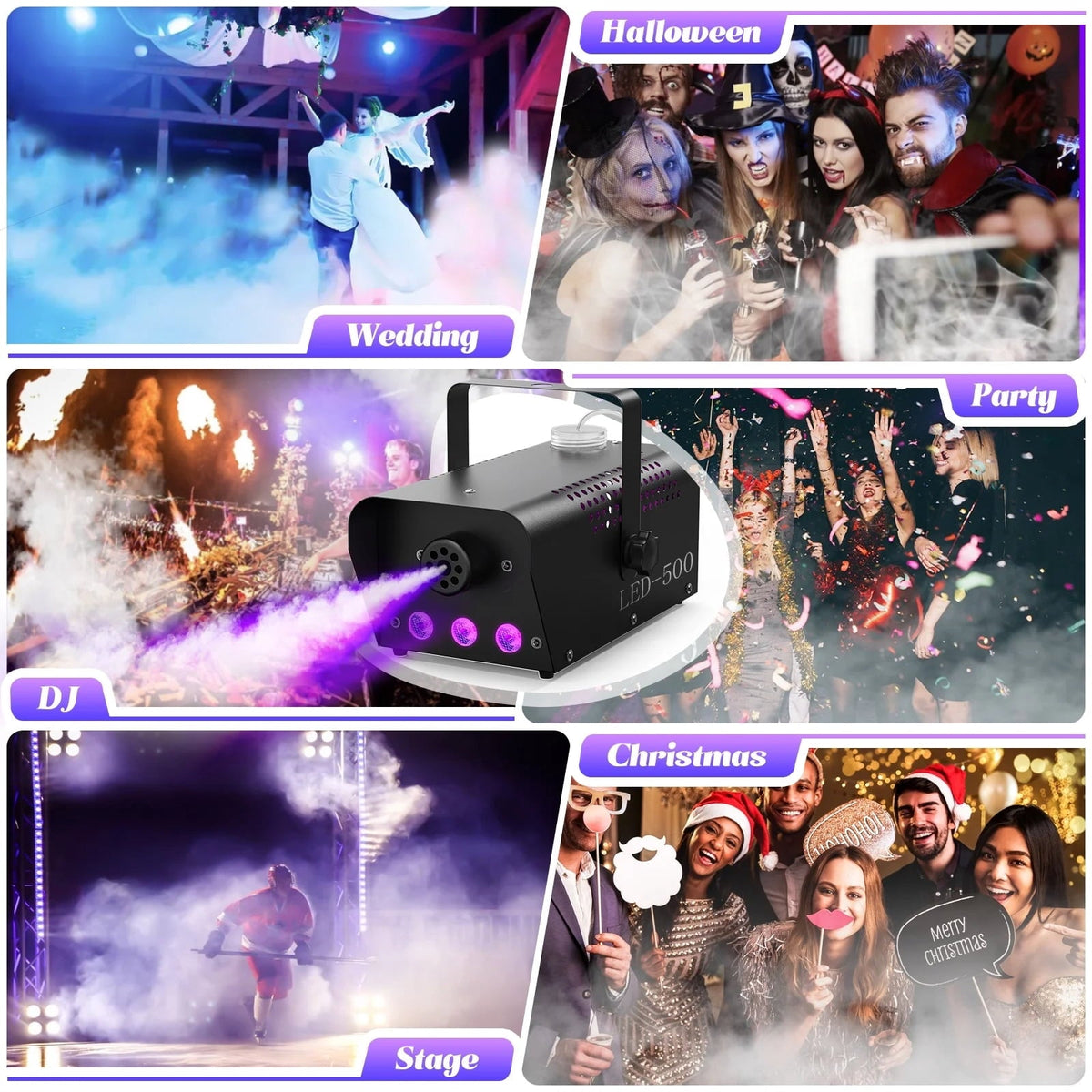 Halloween Fog Machine 500W RGB LED Smoke Machine Stage Lighting Effect with Remote Control for Halloween Wedding DJ Show