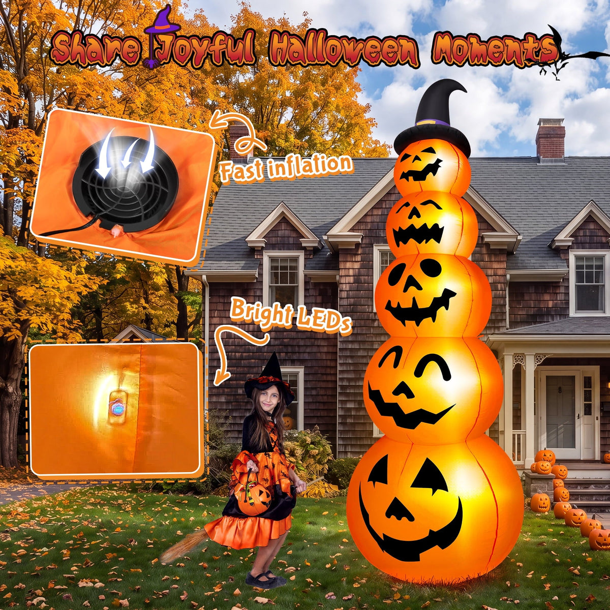 Yexmas 10ft Halloween Inflatable Pumpkins Outdoor Decor with Black Cat Tombstone and Spectre, Built-in LED Lights, for H