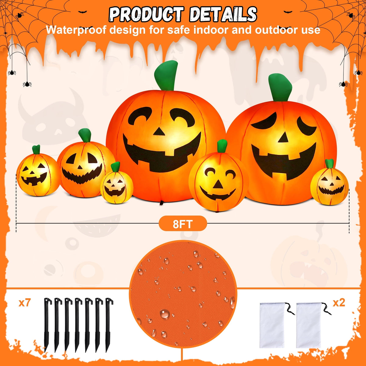 Yexmas 8 FT Halloween Inflatables Pumpkin, 7 Pumpkins Halloween Outdoor Decoration with Built-in LED Lights, Halloween B