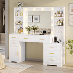 Hasuit Vanity Desk With Lighted Mirror, 48.8 in, White, 6 Drawers, 4 Shelves, 1 Storage Cabinet