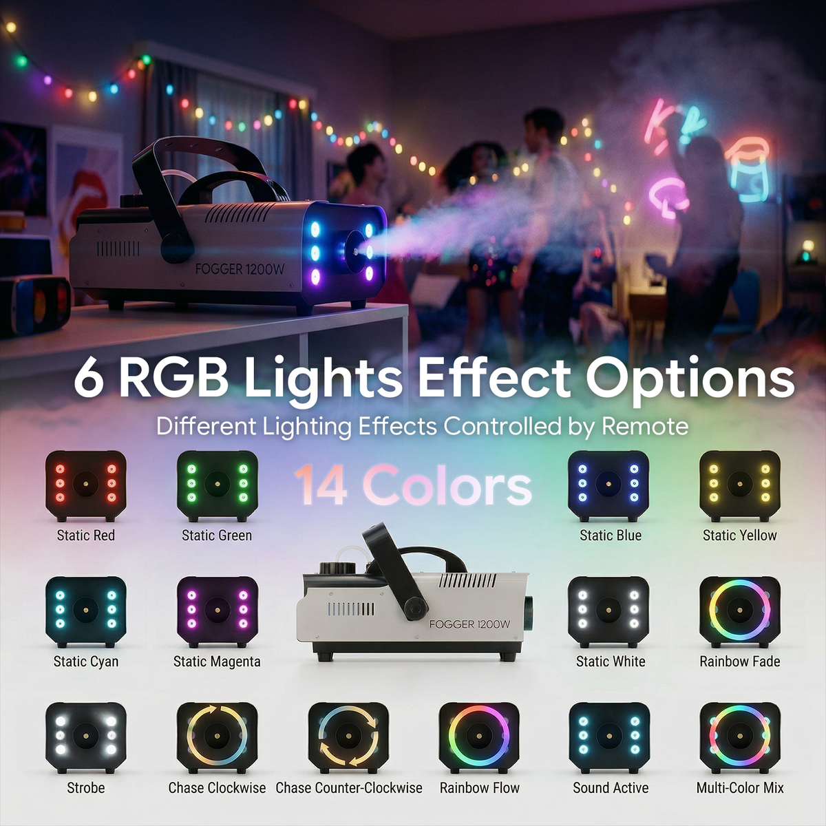 Halloween Fog Machine Smoke Machine 1200W with RGB LED Lights & Remote - Haze Smoke Generator for Halloween, Party, Stag