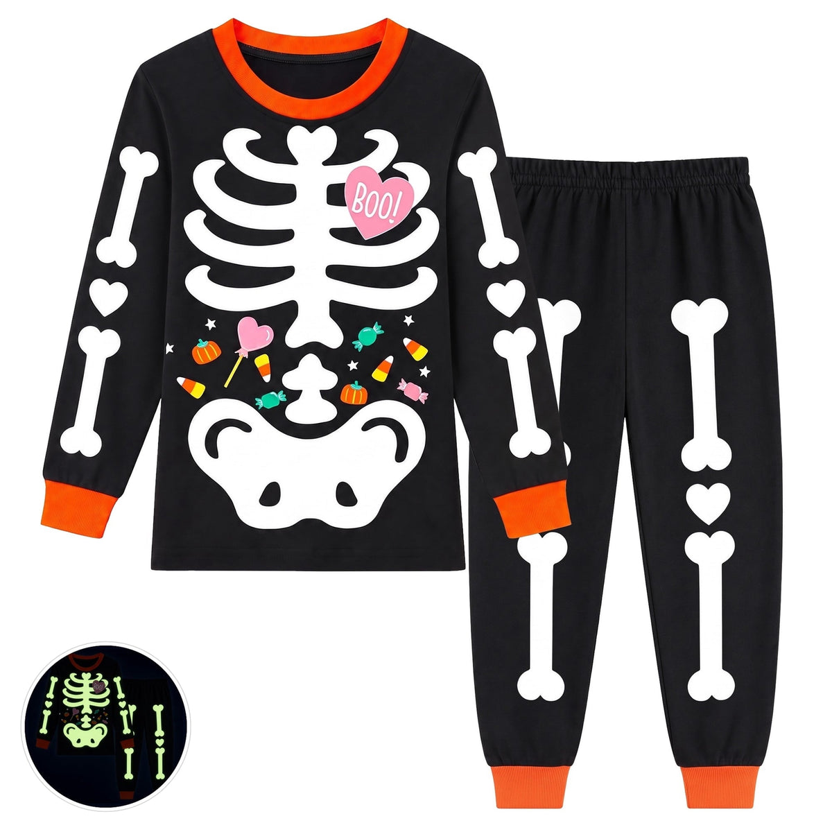 Rimyaw Kids Halloween Pajamas Set, Glow in the Dark Skeleton Sleepwear, 2-Piece cottom Long Sleeve PJs for Boys and Girl