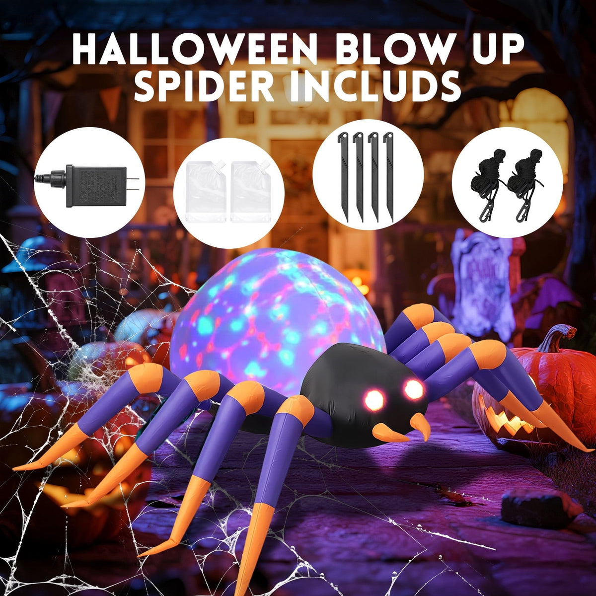 GVDV 8 FT Halloween Spider Inflatables Outdoor Decorations, Blow Up Yard Decoration with Built-in LED Lights for Holiday