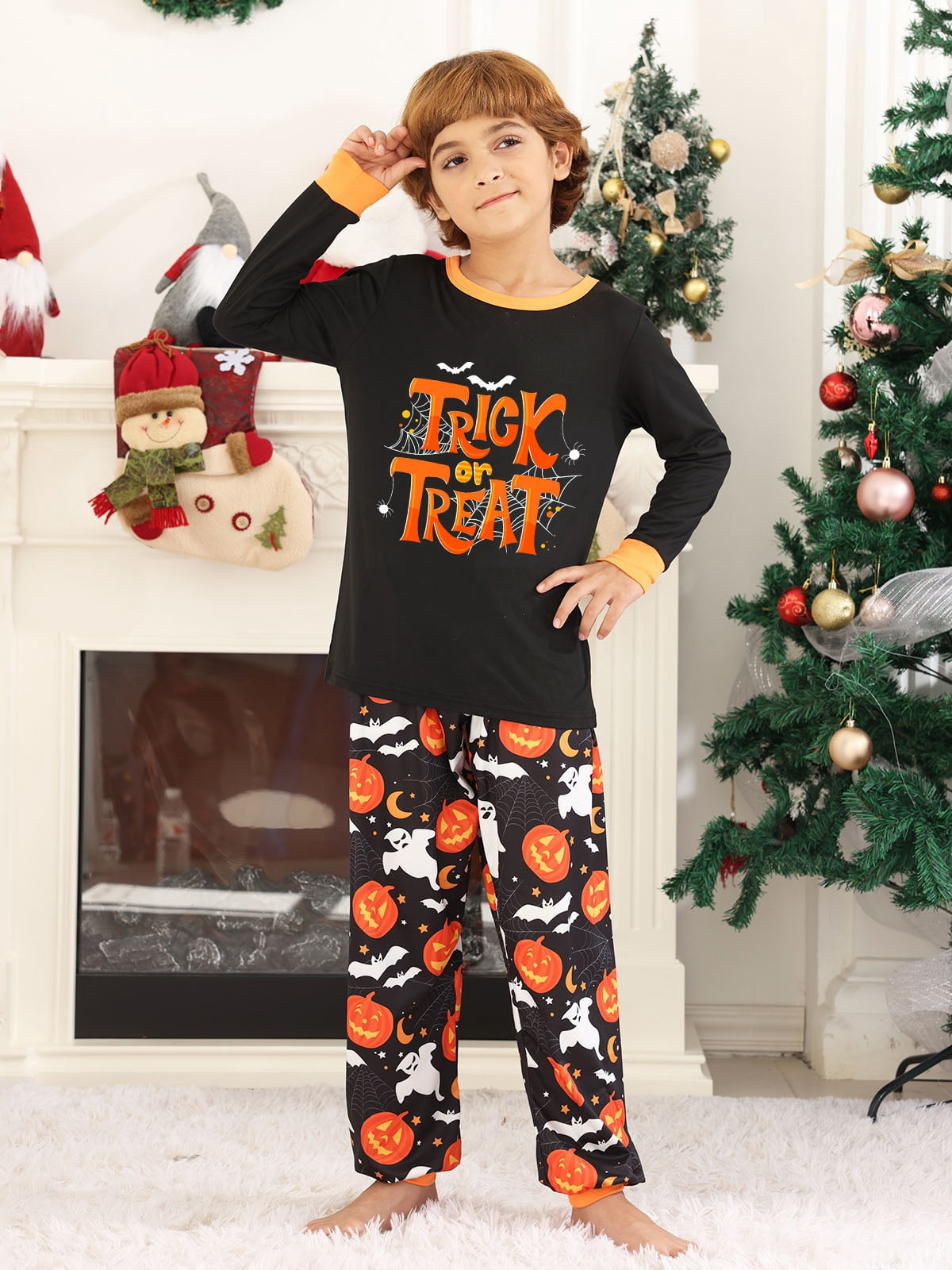 DAKIMOE Halloween Pajamas Family Matching Set Holiday Print Long Sleeve Jammies Loungewear PJs Set Sleepwear Adult Kids