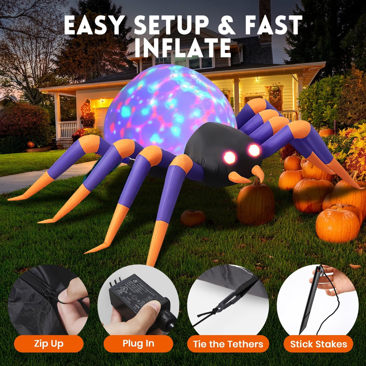 GVDV 8 FT Halloween Spider Inflatables Outdoor Decorations, Blow Up Yard Decoration with Built-in LED Lights for Holiday