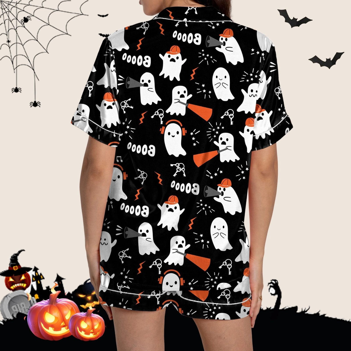 ChenYiFH Halloween Pajama Sets For Women 2 Piece Pumpkin Print Shirts And Pajamas Shorts Button Down Short Sleeve Sleepw