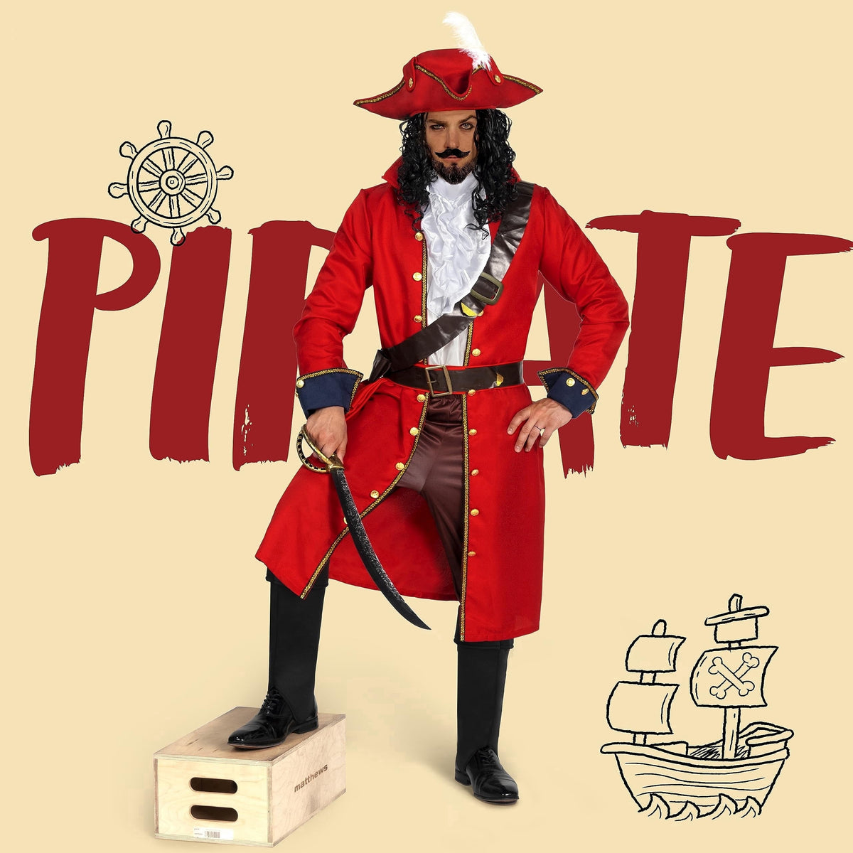 Joyfy Mens Pirate Captain Costume Set, Red Deluxe Captain Outfit for Adult Halloween Fancy Dress Up Party Cosplay