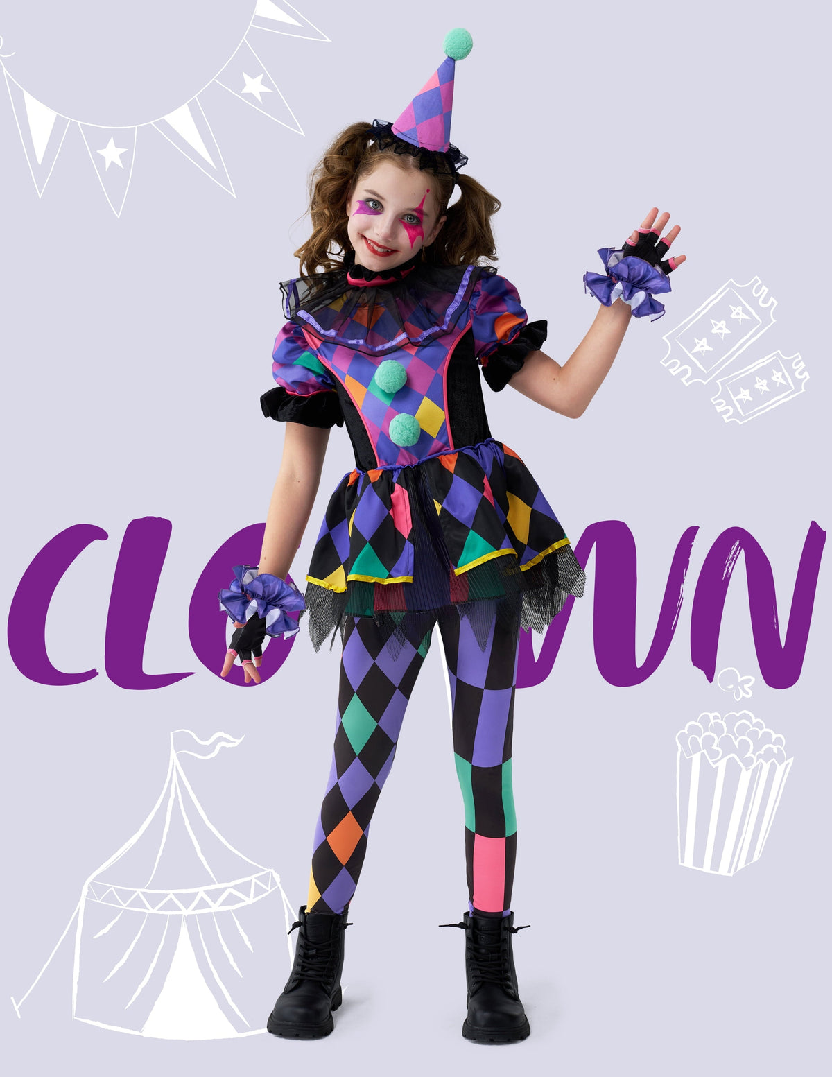 Joyfy Girls Clown Costume, Halloween Scary Clown Costume, Dark Colorful Twisted Clown Jester Dress for Girls Halloween D
