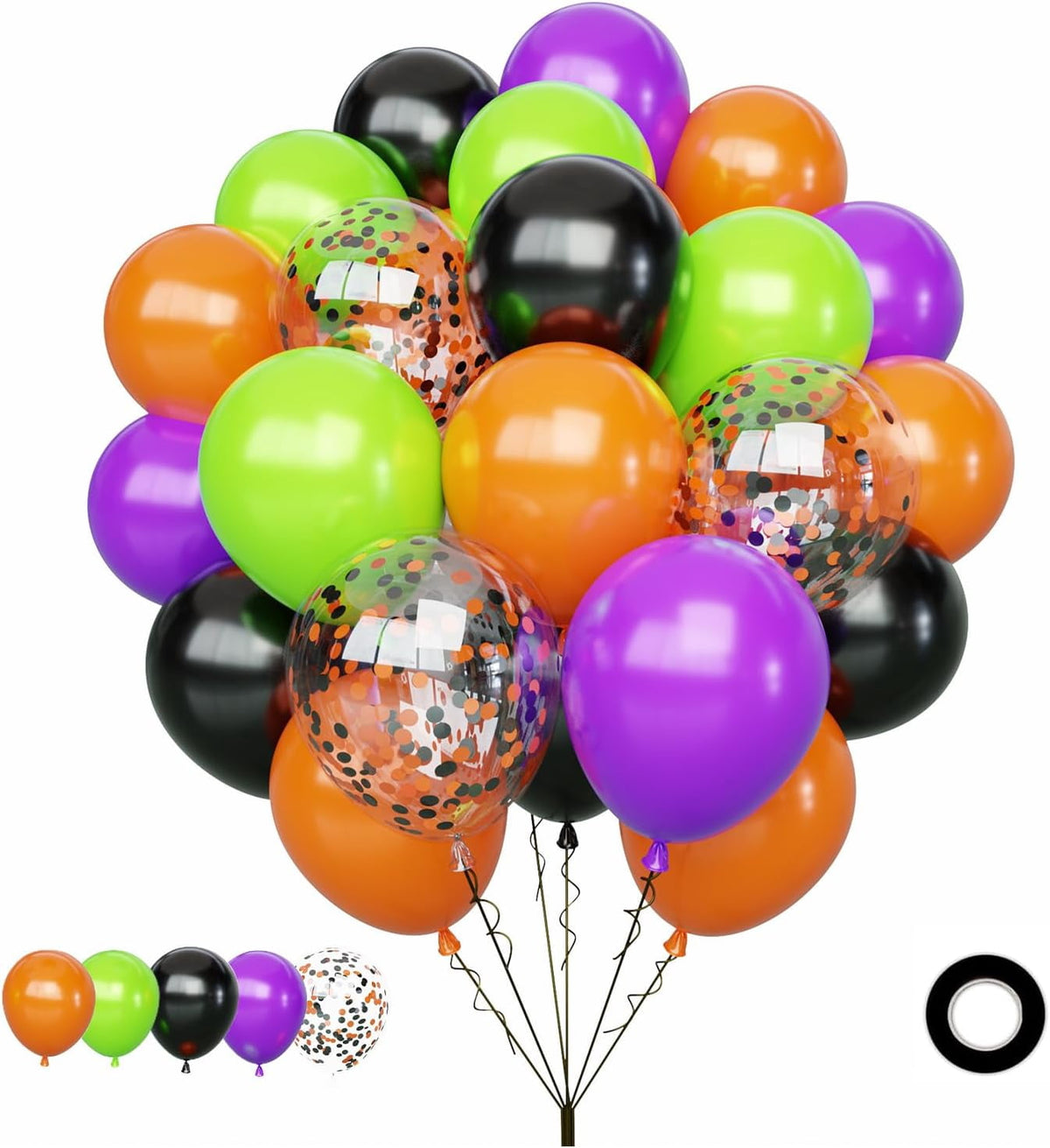 Halloween Balloons Set, 65Pcs 12Inch Black Orange Purple Green Balloons Kit, Black and Orange Latex Balloons for Birthda