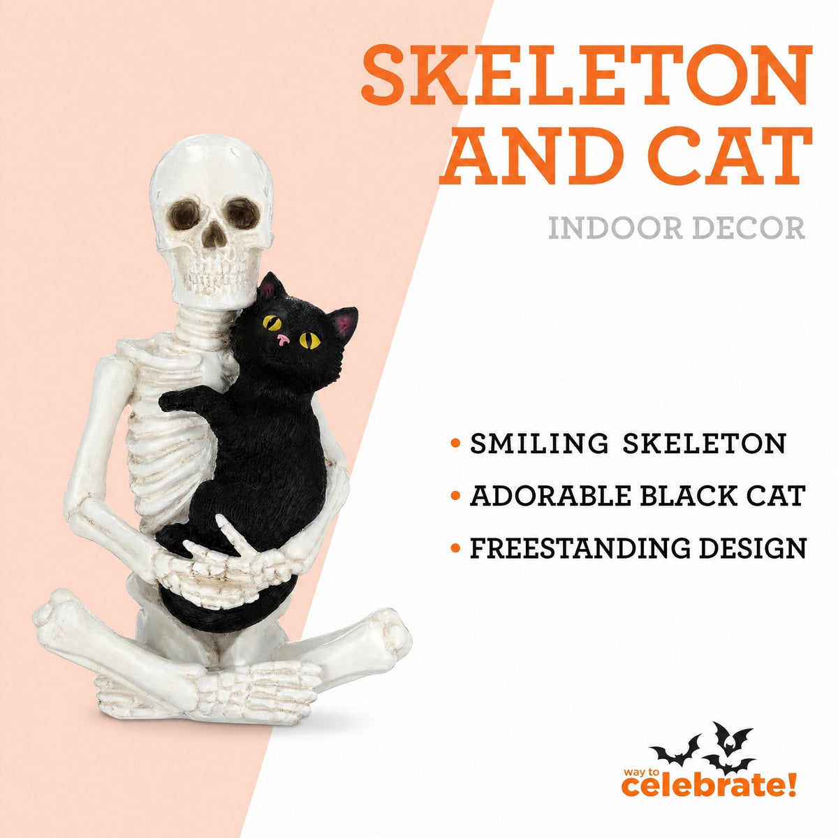 Skeleton and Cat Decoration, Black and White, 8.8", Halloween by Way To Celebrate