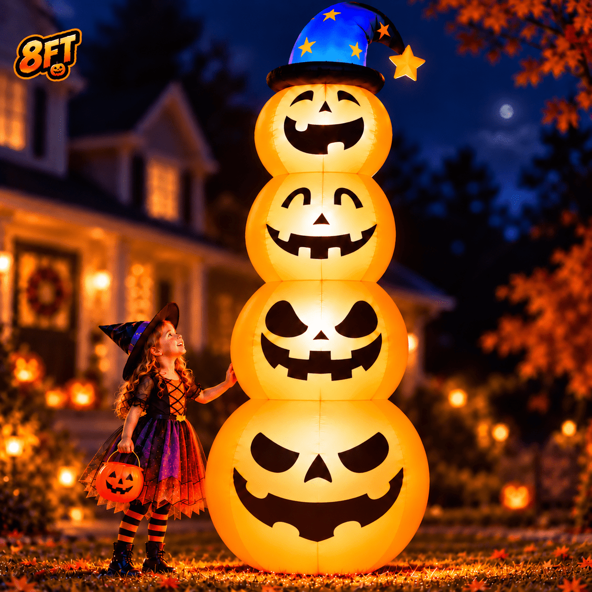 Goosiay 8ft Halloween Inflatable, Stacked Pumpkins with Witch Hat and Built-in LED Lights, Outdoor Blow up Yard Decor fo