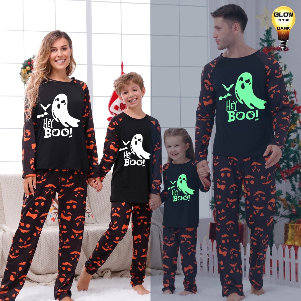 DAKIMOE Halloween Pajamas Family Matching Glow In The Dark Halloween Print Long Sleeve PJs Set Outfits 2 Pieces Cotton L