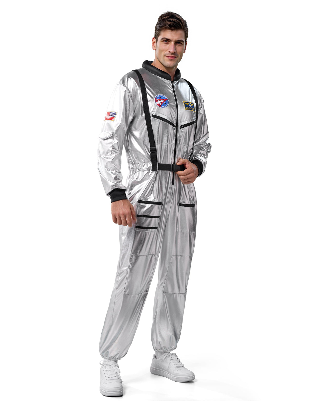 Joyfy Adult Men Astronaut Costume Halloween Spaceman Costume Silver Space Suit Spaceman Jumpsuit Pilot Outfit for Hallow