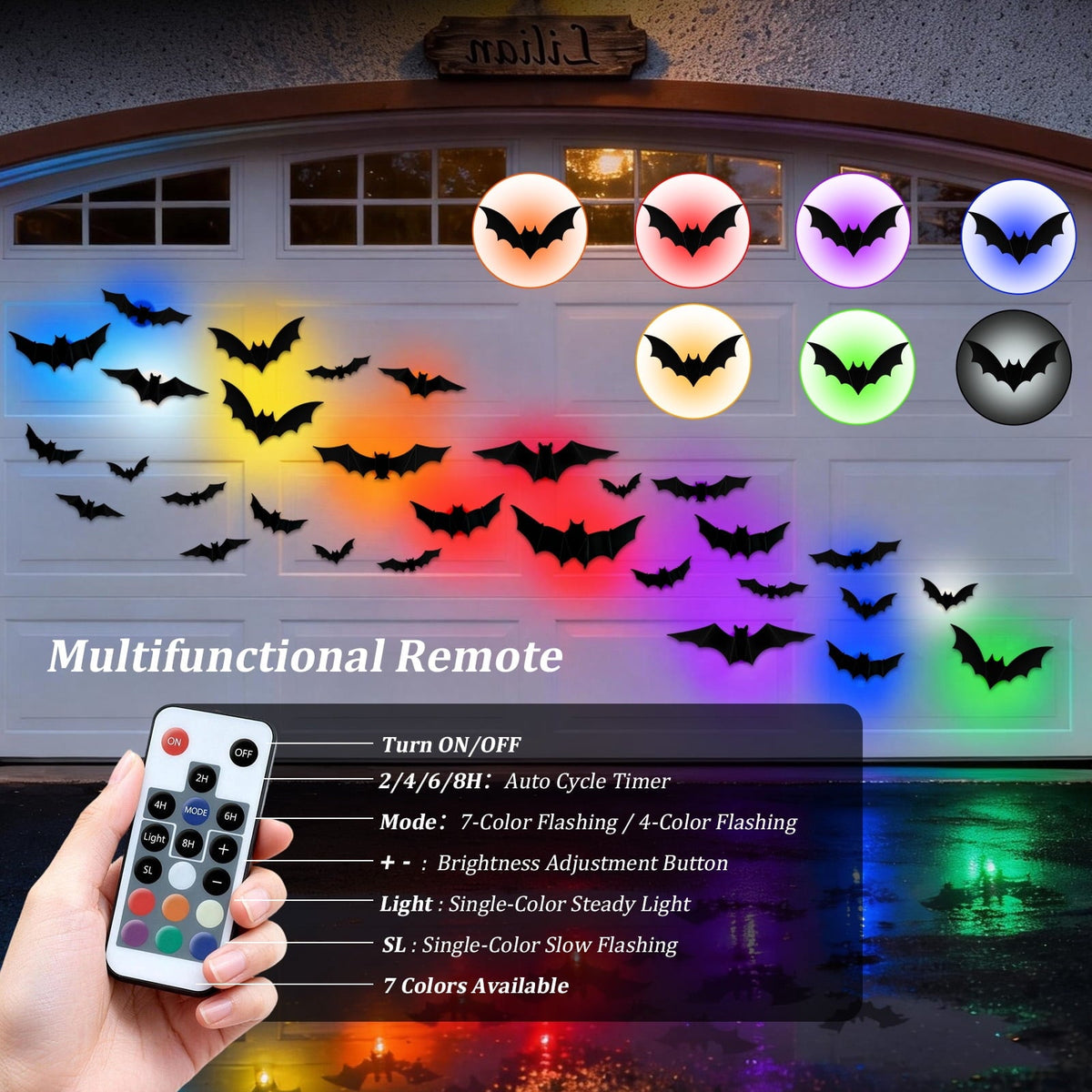 PChero 48Pcs Halloween Bats Wall Decor with 12 Color Changing Lights, 3D Light up Bats with Remote Timer, 10 Different S