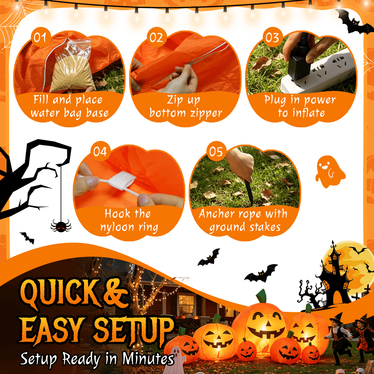 7.5 FT Long Halloween Inflatables Pumpkin Family Lighted,7 Pumpkins Blow Up Yard Decoration, Built-in LEDs, Stakes & Tet