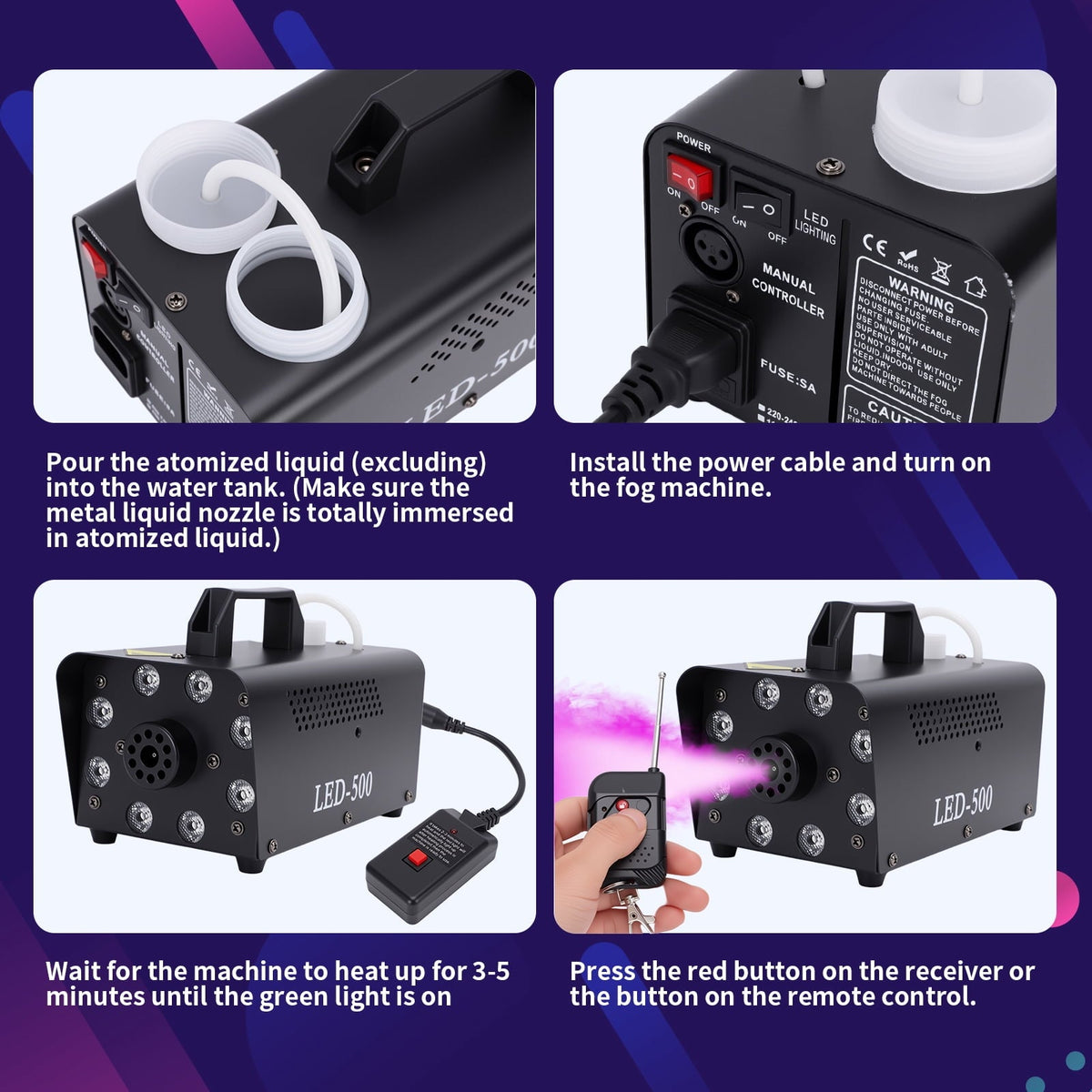 Fog Machine with 13 Colorful LED Lights Effect, 500W Smoke Machine with 1 Wired Receiver and Wireless Remote Controls, A