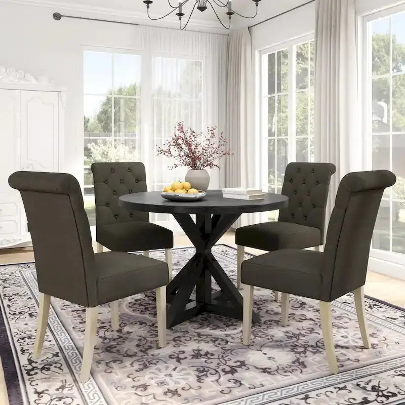 Rustic Wooden 5-Piece Dining Set With Round Cross-Buck Pedestal Table And 4 Tufted Upholstered Chairs - 47.25 x 47.25 x