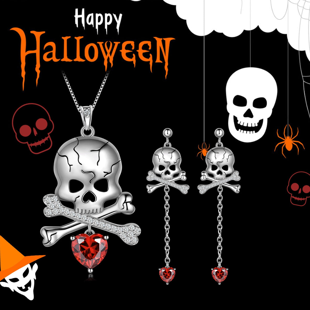 Beautlace 925 Sterling Silver Skull Jewelry Set, Halloween Skeleton Skull Pendant Necklace/Drop Dangle Earrings Gothic V