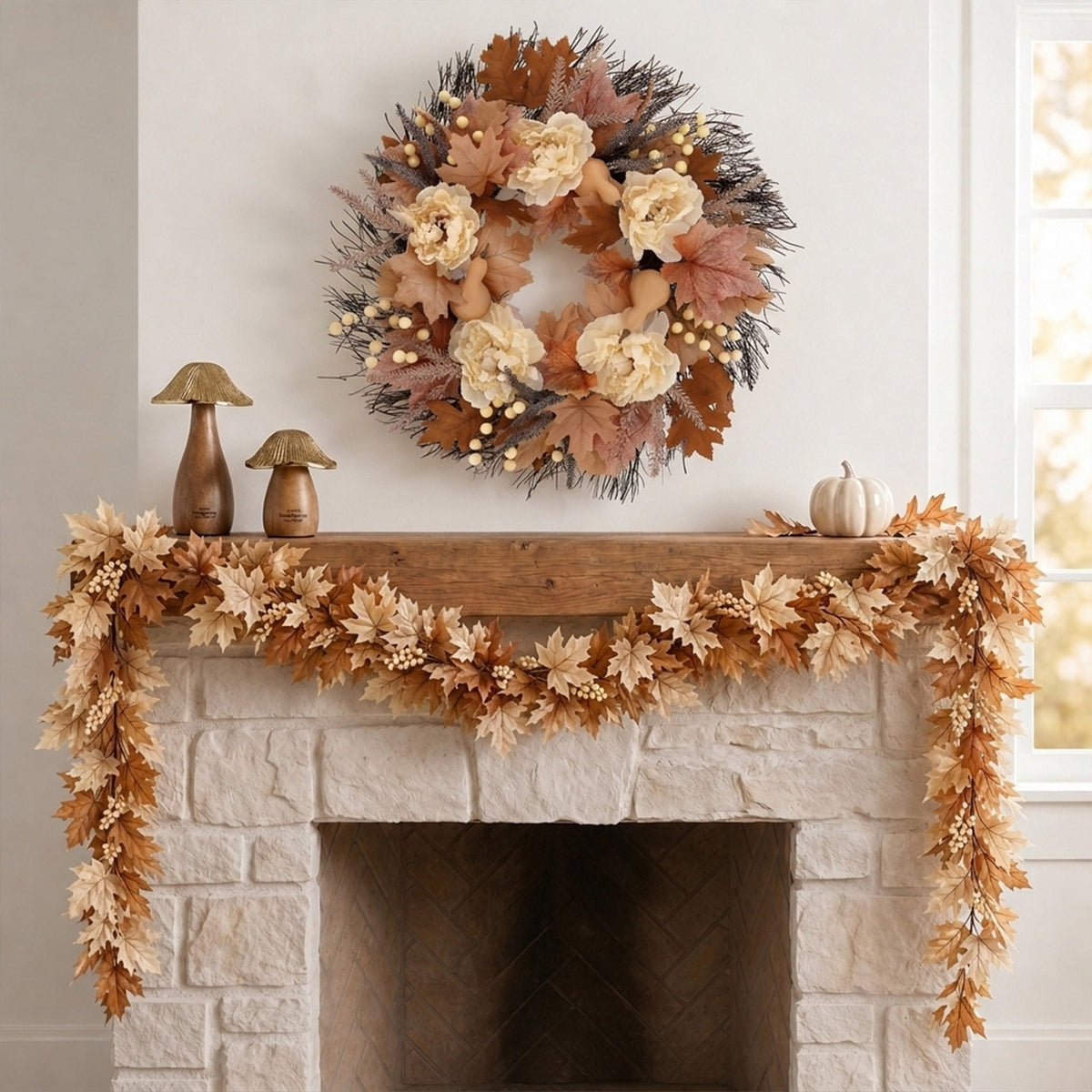 Maple Leaves and Peony Wreath, Cream and Brown, 22", Fall by Way To Celebrate