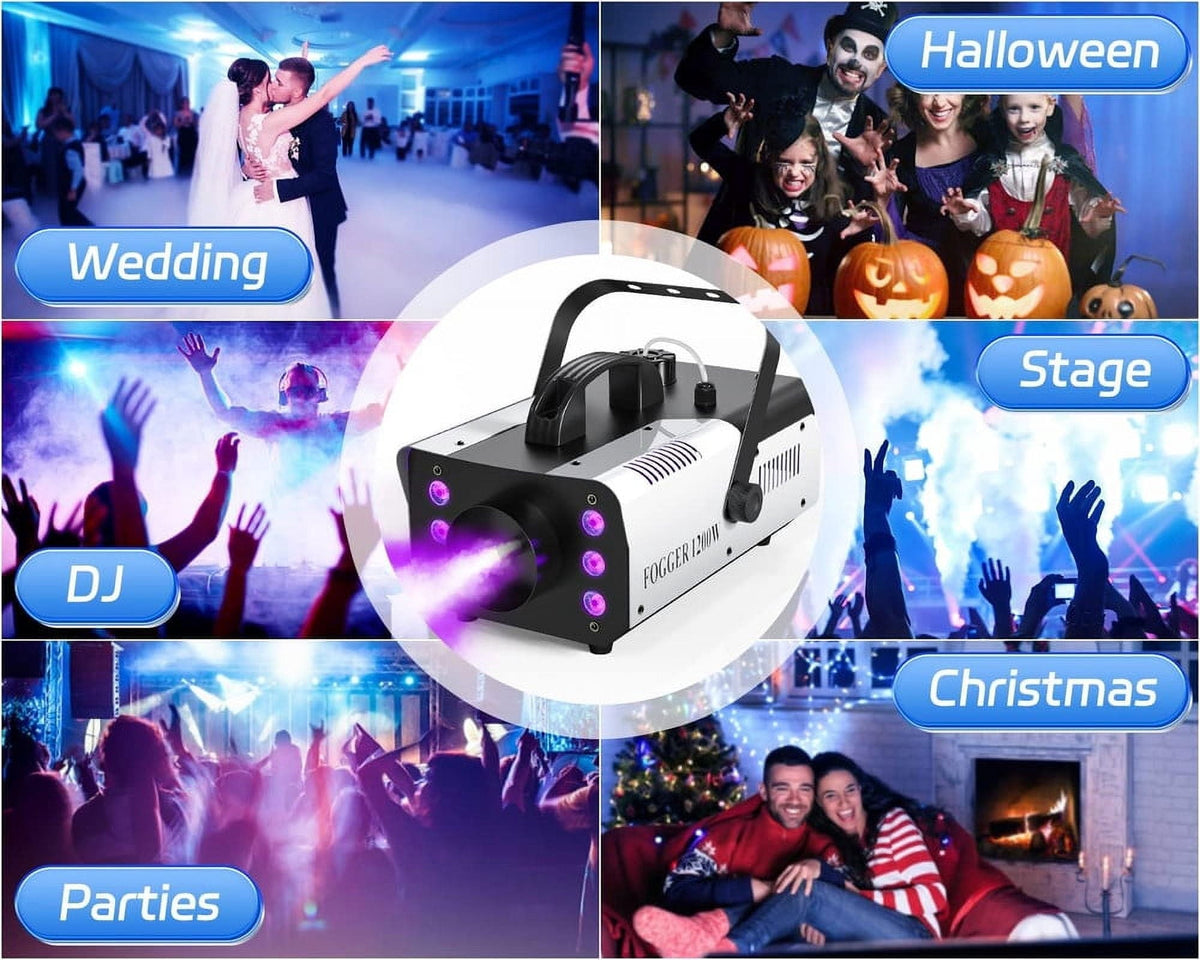 Fog Machine 1200W and 6000CFM Smoke Machine with Wireless Remote Control and 6 Colorful LED Lights for Christmas Thanksg