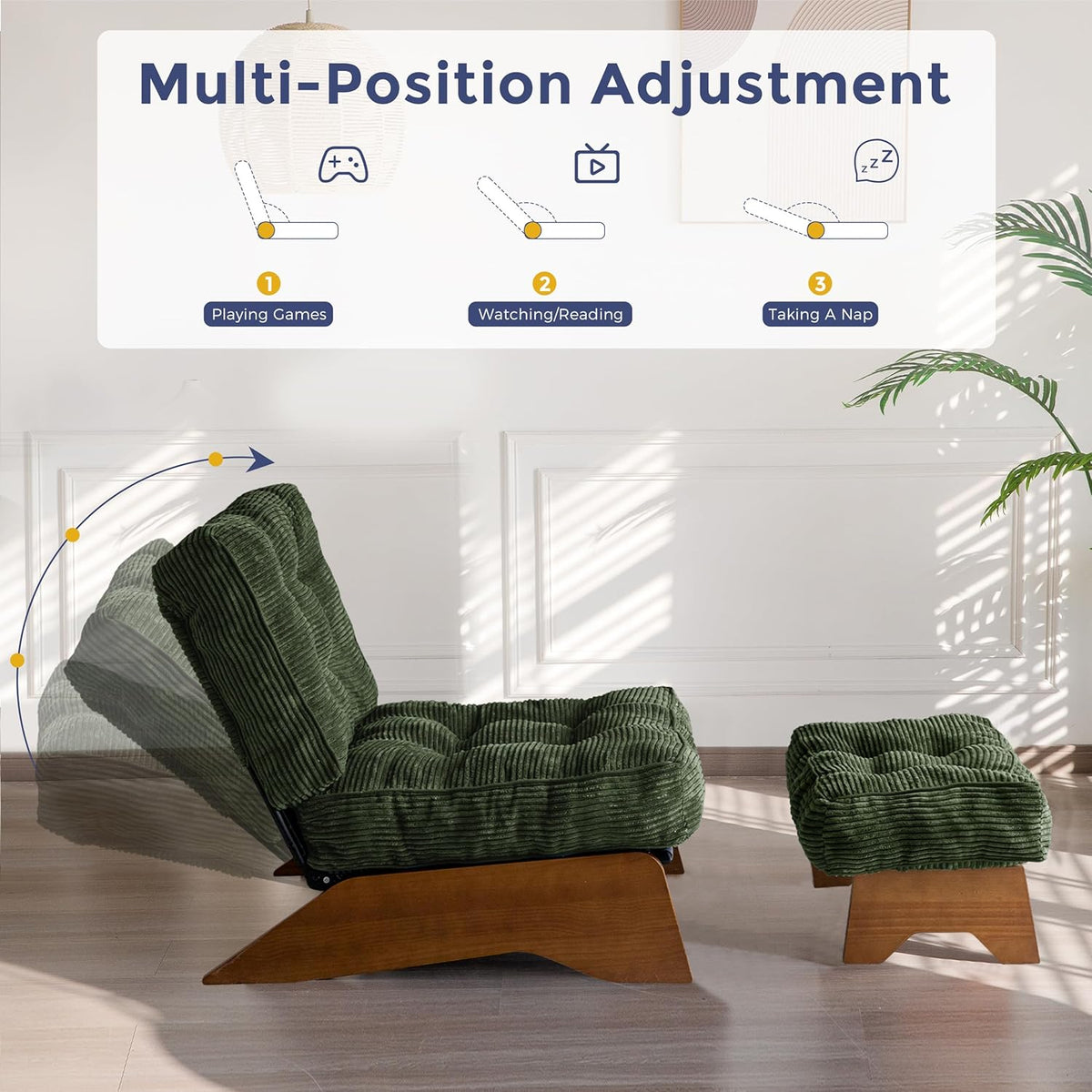 MAXYOYO Accent Chair With Ottoman, Adjustable Backrest, Corded Green, 27.1in W x 27.1in D x 15.7in H