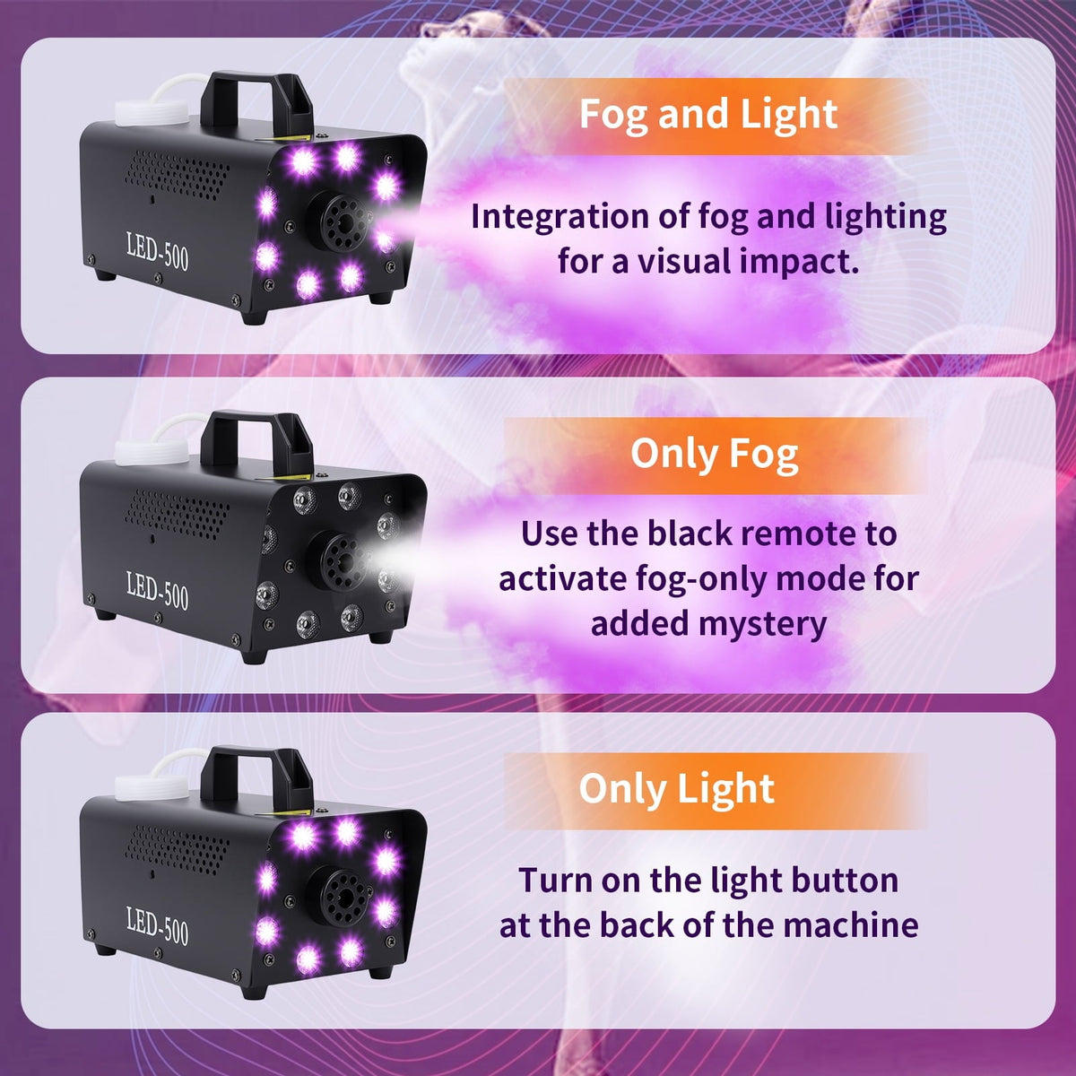Fog Machine with 13 Colorful LED Lights Effect, 500W Smoke Machine with 1 Wired Receiver and Wireless Remote Controls, A