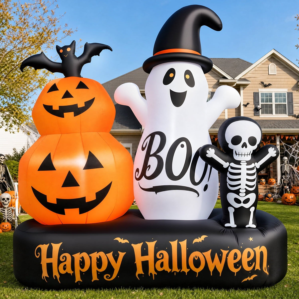 6ft Halloween Inflatable Outdoor Decorations, Lighted Pumpkin Ghost Skeleton with Bat, Built-in LED Lights, Blow Up Hall