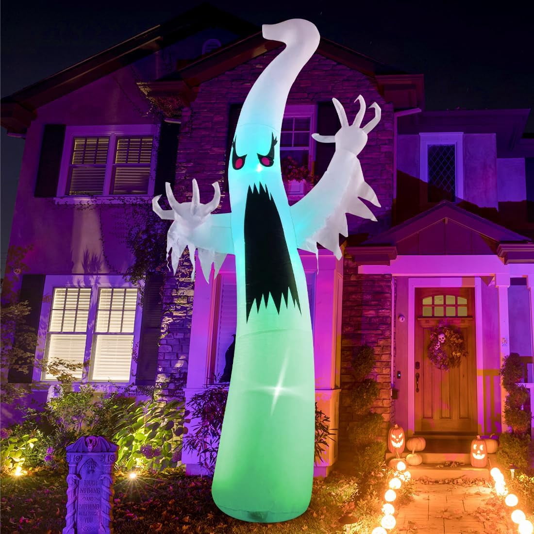 GOOSH 12 FT Height Halloween Inflatable Outdoor Colorful Dimming Ghost, Blow Up Yard Decoration with LED Lights Built-in