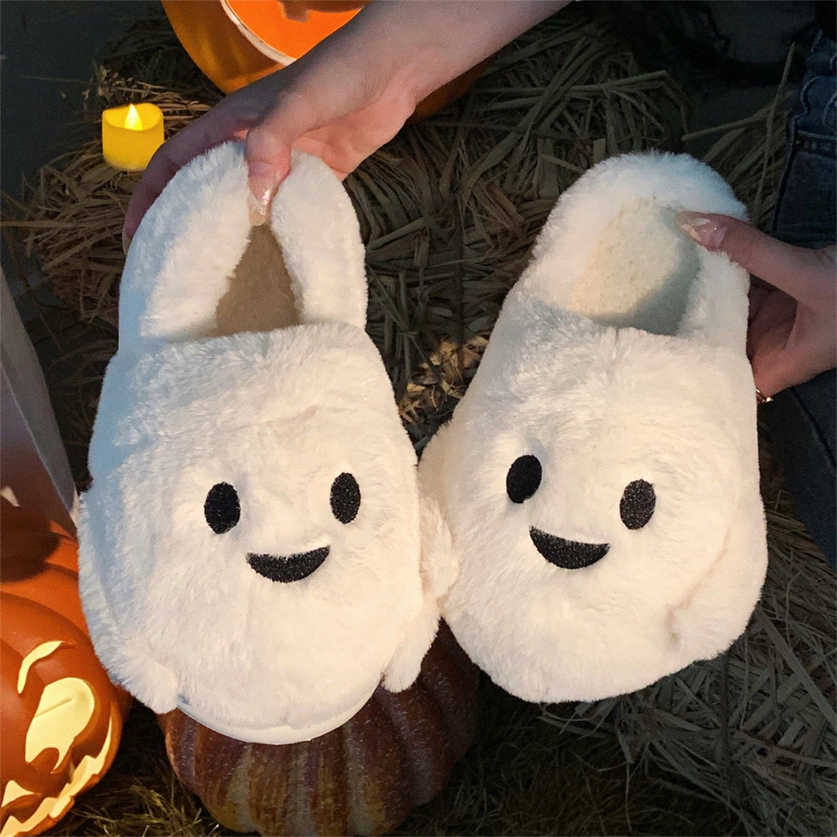 KEVCHE Halloween Ghost Pumpkin House Slippers, Warm Cozy Plush Slippers for Indoor Outdoor Home, Cute Spooky Holiday Foo