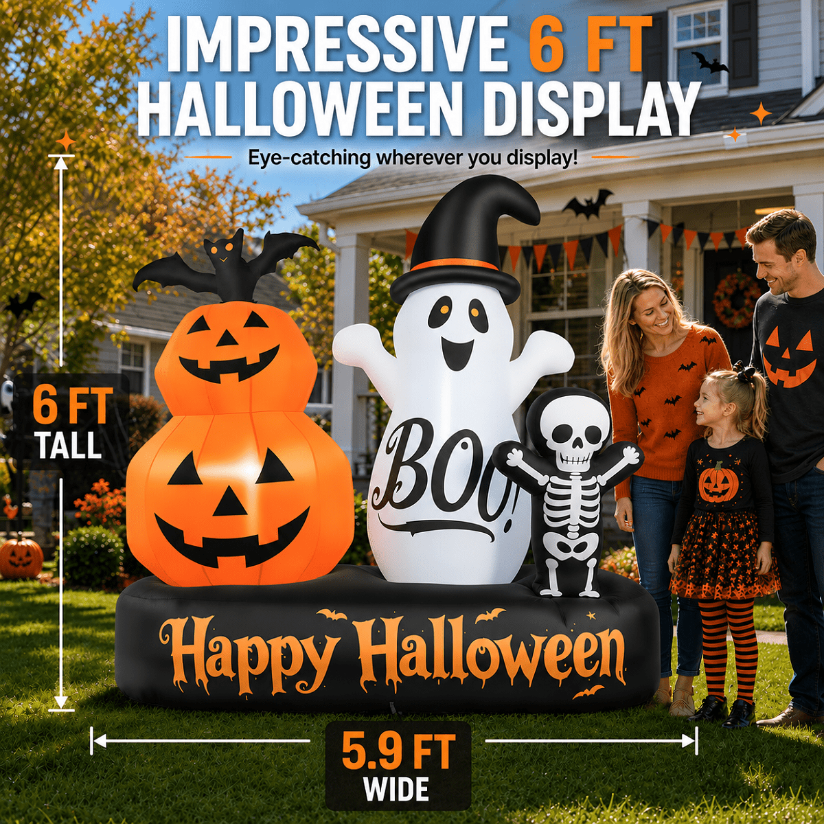 6ft Halloween Inflatable Outdoor Decorations, Lighted Pumpkin Ghost Skeleton with Bat, Built-in LED Lights, Blow Up Hall