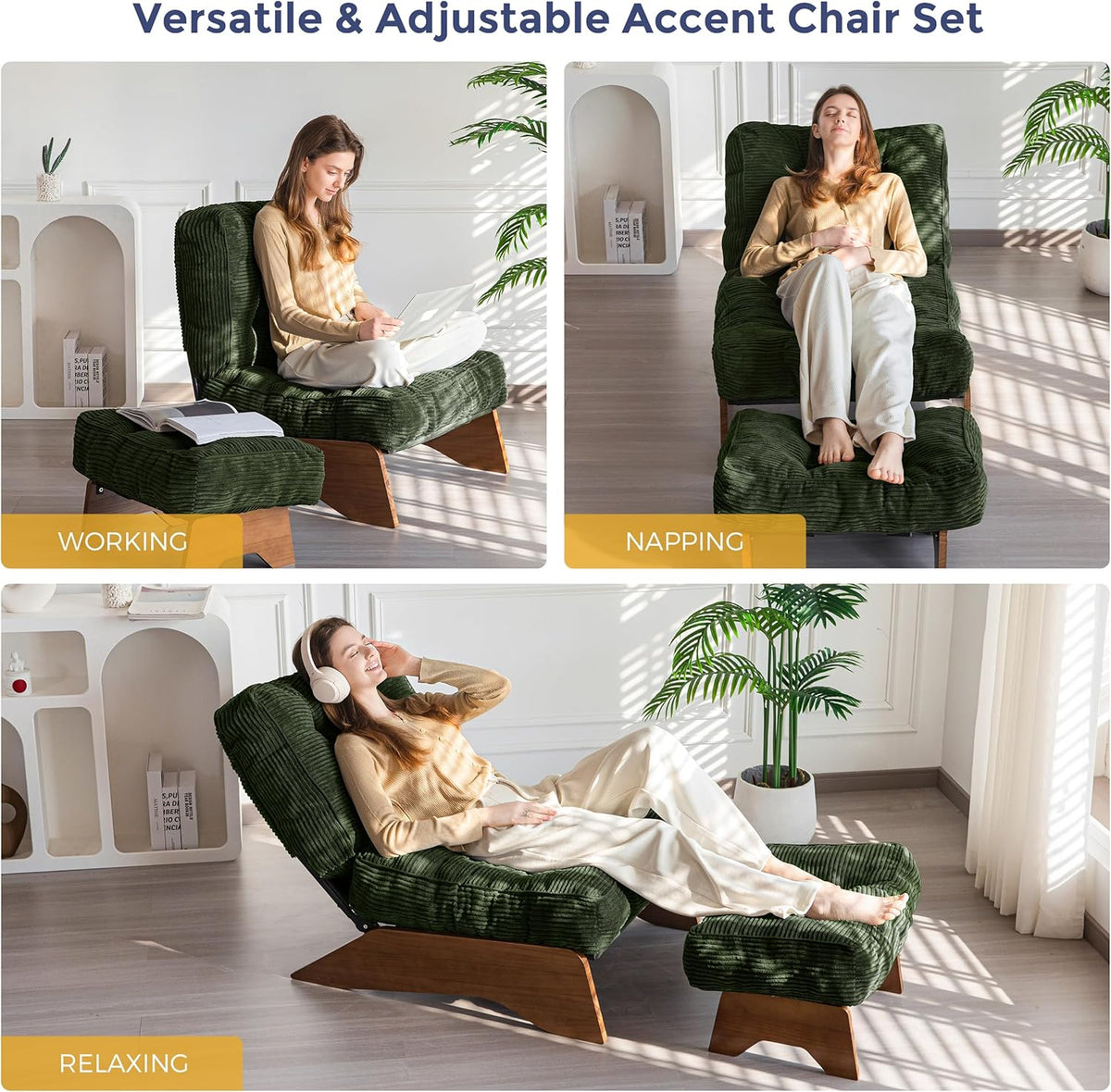 MAXYOYO Accent Chair With Ottoman, Adjustable Backrest, Corded Green, 27.1in W x 27.1in D x 15.7in H