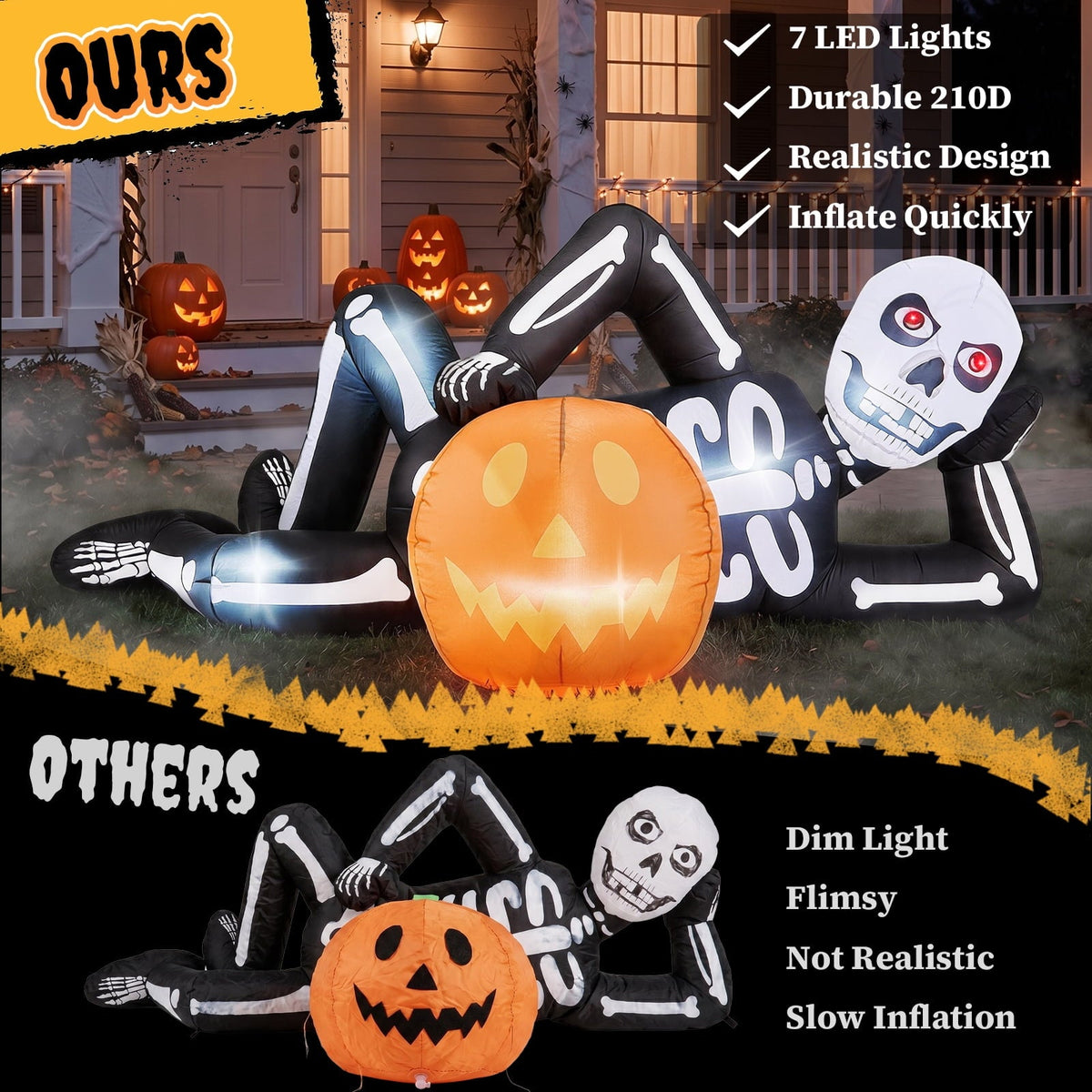 Ktaxon 7' Halloween Inflatables Skeleton Outdoor Halloween Decoration Reclining Skeleton with Pumpkin,Built-In LED Light