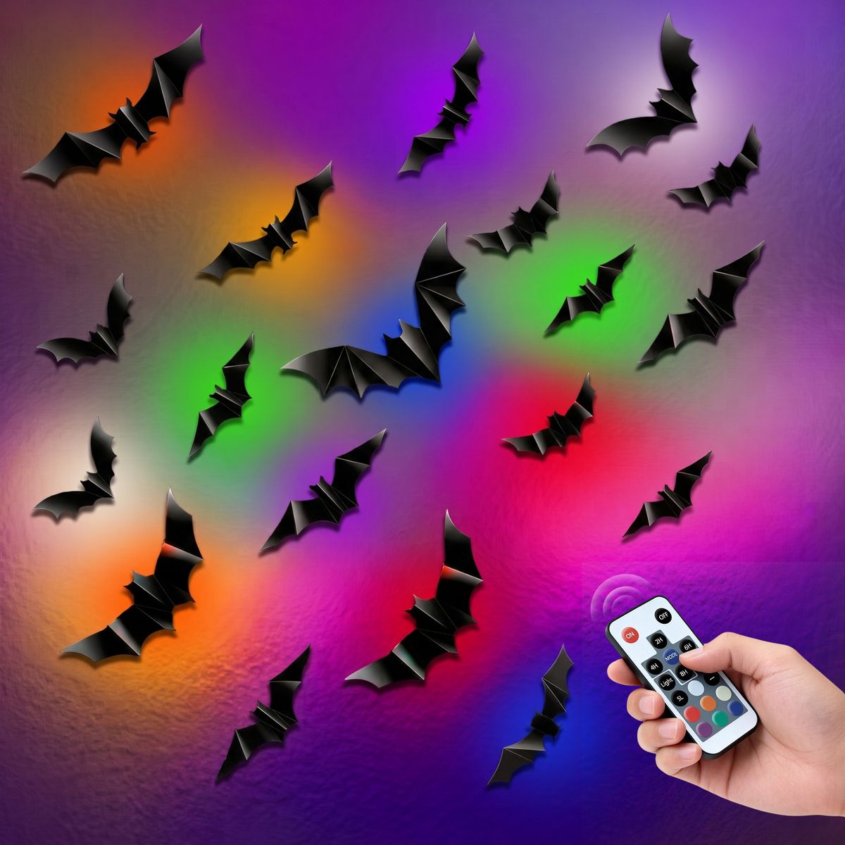 PChero 48Pcs Halloween Bats Wall Decor with 12 Color Changing Lights, 3D Light up Bats with Remote Timer, 10 Different S