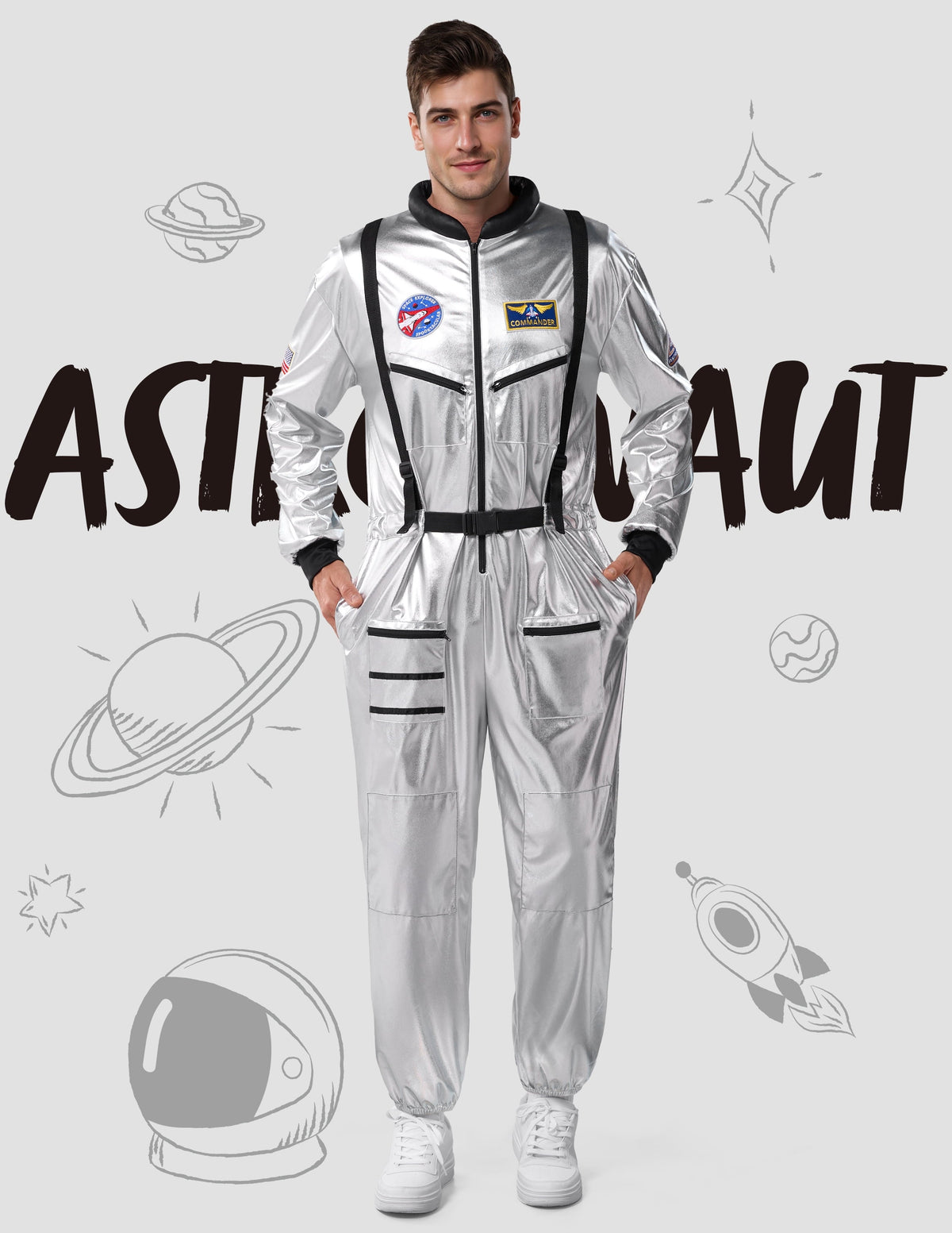 Joyfy Adult Men Astronaut Costume Halloween Spaceman Costume Silver Space Suit Spaceman Jumpsuit Pilot Outfit for Hallow