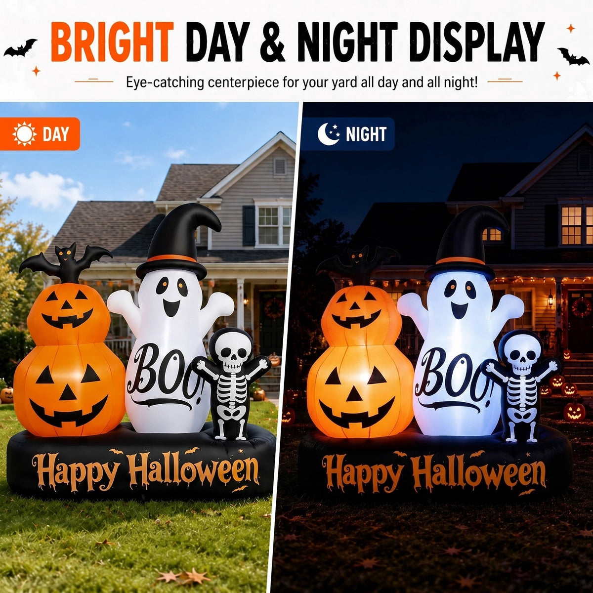 6ft Halloween Inflatable Outdoor Decorations, Lighted Pumpkin Ghost Skeleton with Bat, Built-in LED Lights, Blow Up Hall