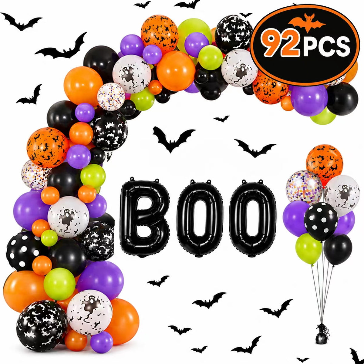 Halloween Balloons, Latex Arch Garland Kit With BOO Foil Confetti Balloons Bat Decoration Set for Halloween Party Decora