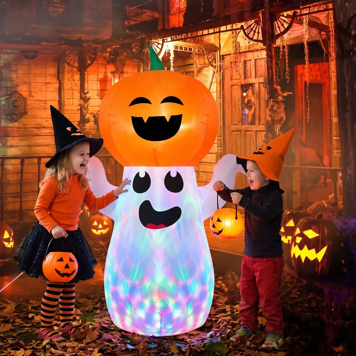 GVDV 5Ft Halloween Inflatables Pumpkin Ghost Decorations with 360° Rotating Colorful LED Lights, Halloween Blow Ups Indo