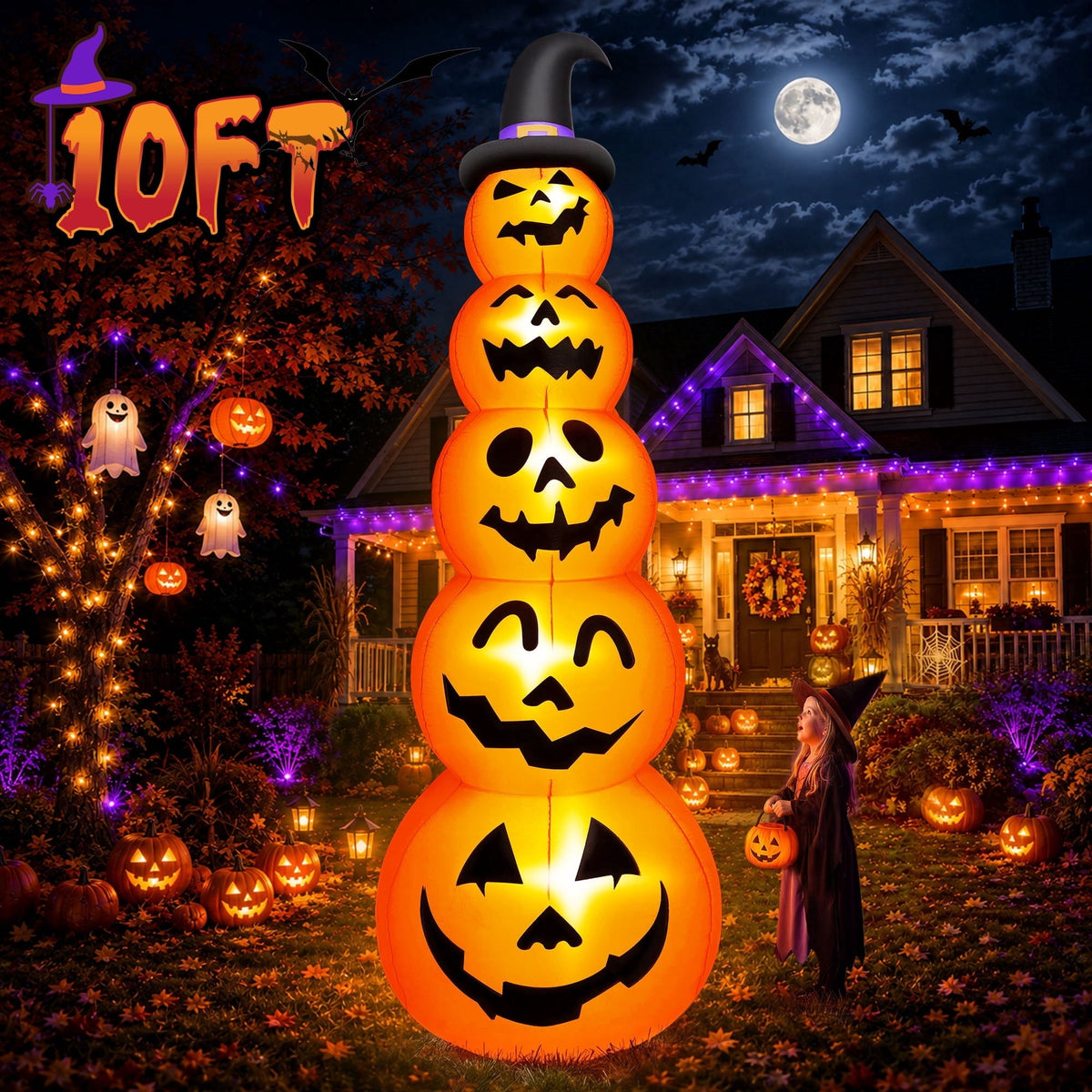 Yexmas 10ft Halloween Inflatable Pumpkins Outdoor Decor with Black Cat Tombstone and Spectre, Built-in LED Lights, for H
