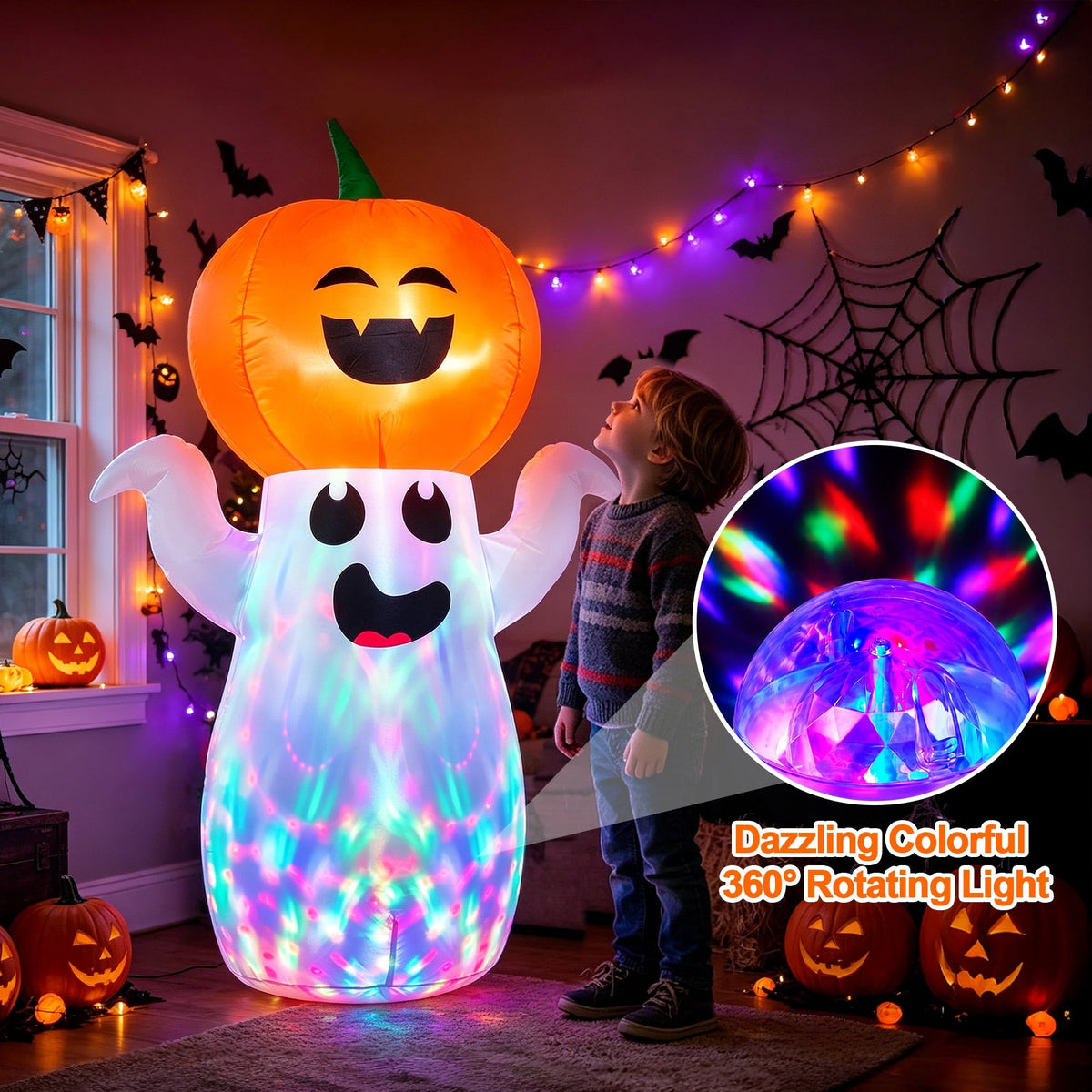 GVDV 5Ft Halloween Inflatables Pumpkin Ghost Decorations with 360° Rotating Colorful LED Lights, Halloween Blow Ups Indo